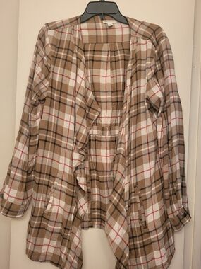 Cato Plaid Open-Front Jacket in Tan, White & Red